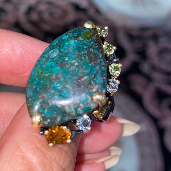 Mysterious Genuine Turquoise Ring with Gemstones - Picture 5 of 17